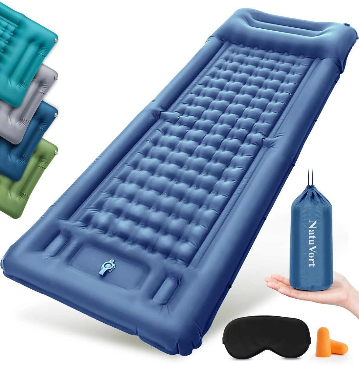Thijox - Zelfopblazend Luchtbed Kampeermatras met Voetpomp en Geïntegreerd Kussen, Marineblauw, Perfect voor Camping, Strand en Tentgebruik