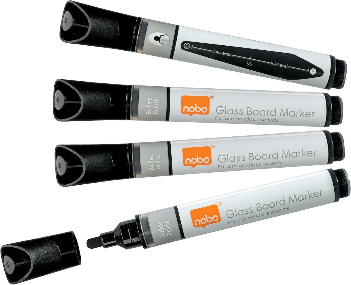 Thijox - Glasbord Markers 4 Stuks - Droog Uitwisbare Markers met Vloeibare Inkt - Ronde Punt 3mm - Zwart - Perfect voor Glasoppervlakken, Whiteboards,