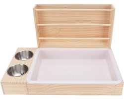 Houten Hooi Rack 3-in-1 met Bak en 2 Voerbakken, Antikantelaar Voederstation voor Konijnen, Cavia's en Chinchilla's, Ruim Ontwerp voor Kleine Huisdieren, 36.5x27x6.5cm
