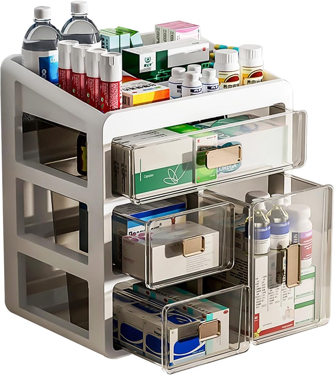 Thijox - Huisapotheekkast met 4 verdiepingen, medicijnkast-organizer, transparante lades, medicijnenopslag, cosmetica- en sieradenopslag, multifunctio