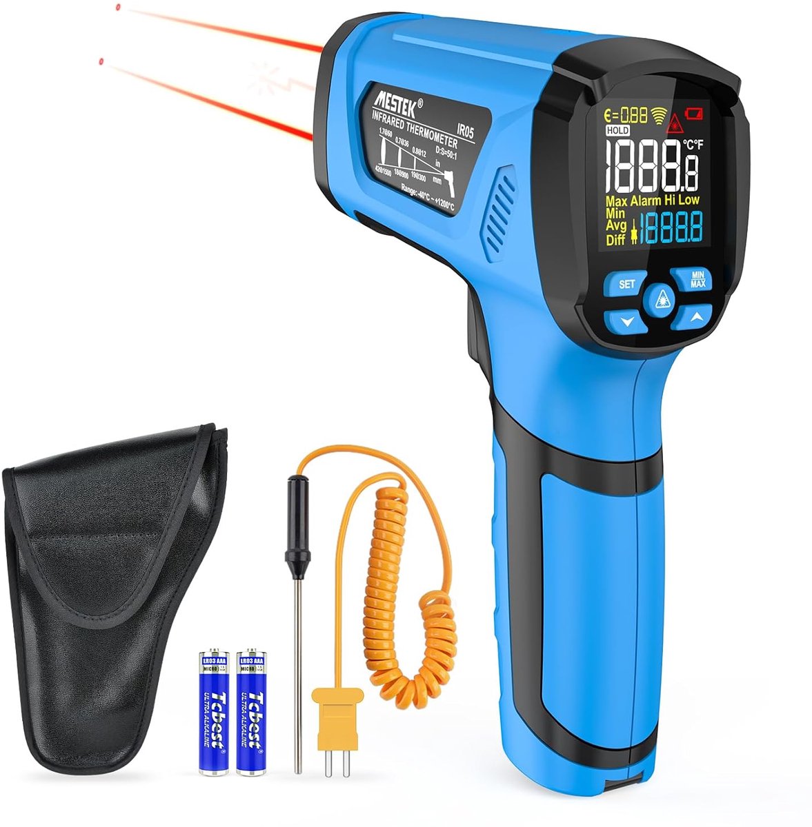 Thijox - Infrarood Thermometer Digitale Laser Pyrometer -40°C tot 1600°C met K-Sonde Contactloze Temperatuurmeting voor Keuken en Industrie
