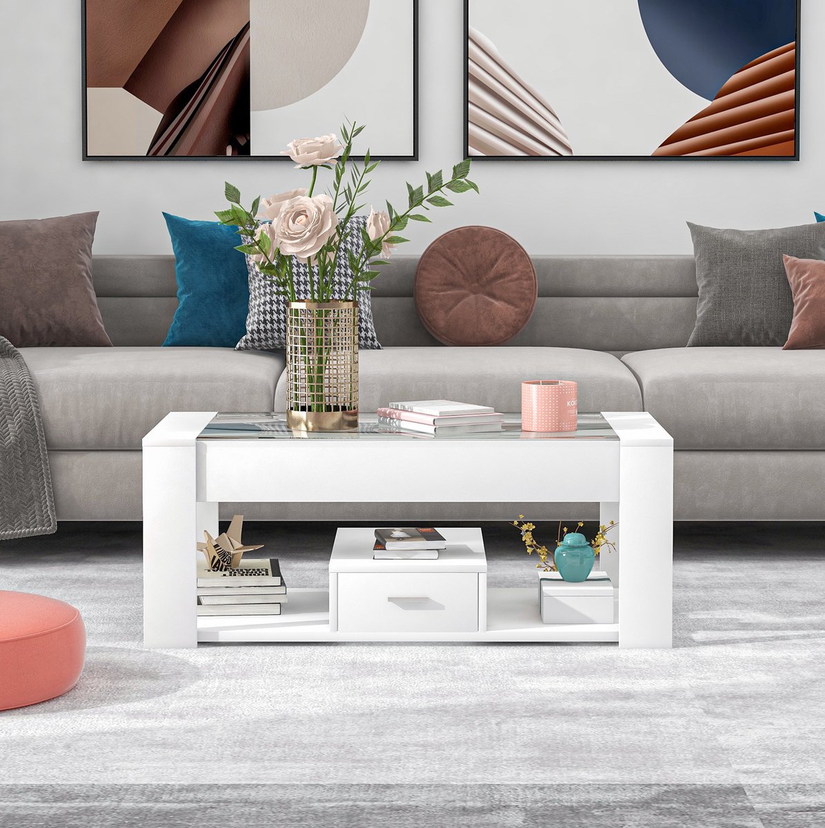 MIVRAY Salontafel - Glasplaat Met Opbergruimte En Lade - Voor Woonkamer In Moderne Stijl - Spaanplaat En Glas - 100x50x40 Cm - Wit