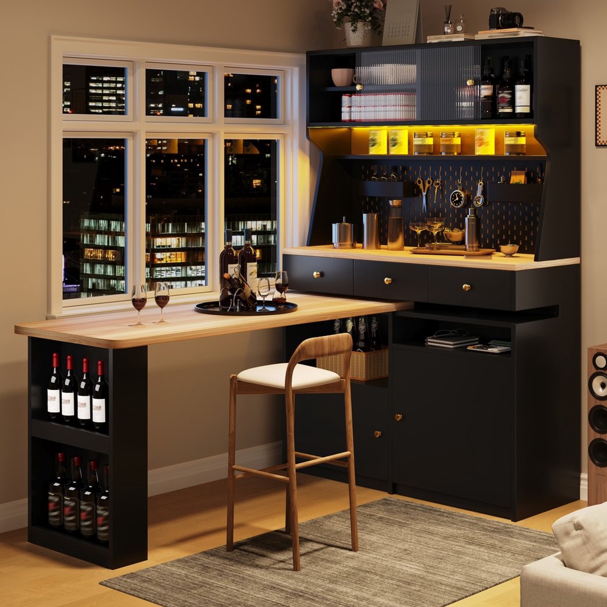 KOMHTOM Opbergkast met Bureau - Bartafel Functie - LED Verlichting App Bediening - Glazen Deuren - Verstelbare Planken - Pegboard - Multifunctionele Staande Kast - Zwart - Woonkamer Eetkamer Slaapkamer - Zonder stoelen