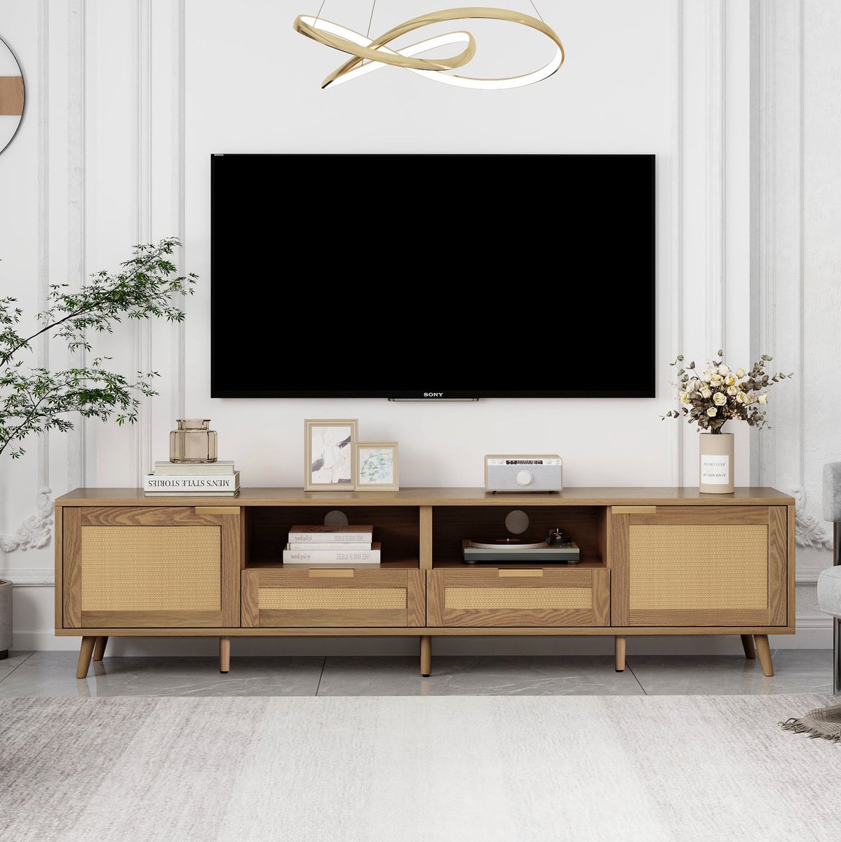 HAUSS SPOLE Dressoir - Tv Meubel Met Rietlook En 2 Lades - Voor Woonkamer En Mediahoek - Spaanplaat En Houten Poten - 200x37x49 Cm - Eiken