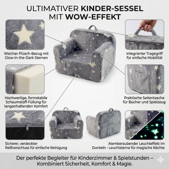 MIVRAY Kinderfauteuil 64 x 49 x 49 cm - Met Armleuningen, Draaggreep en Afneembare Hoes - Voor Slaapkamer en Speelhoek - Stof Grijs Met Sterren van MIVRAY — afbeelding 5
