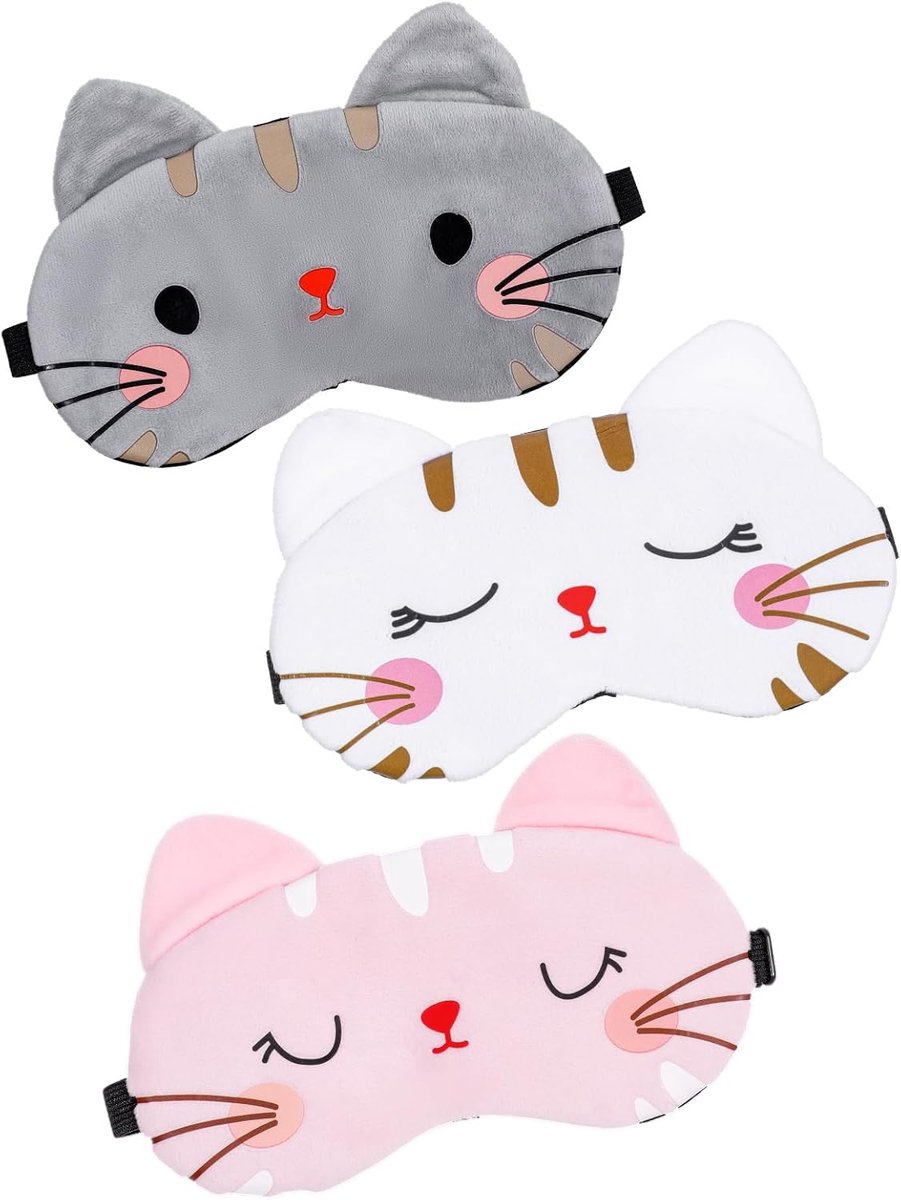 Thijox - 3-delig schattig oogmasker om te slapen met cartoon kattengezicht - zachte pluche oogafdekking voor vrouwen, mannen en kinderen - grappige ka