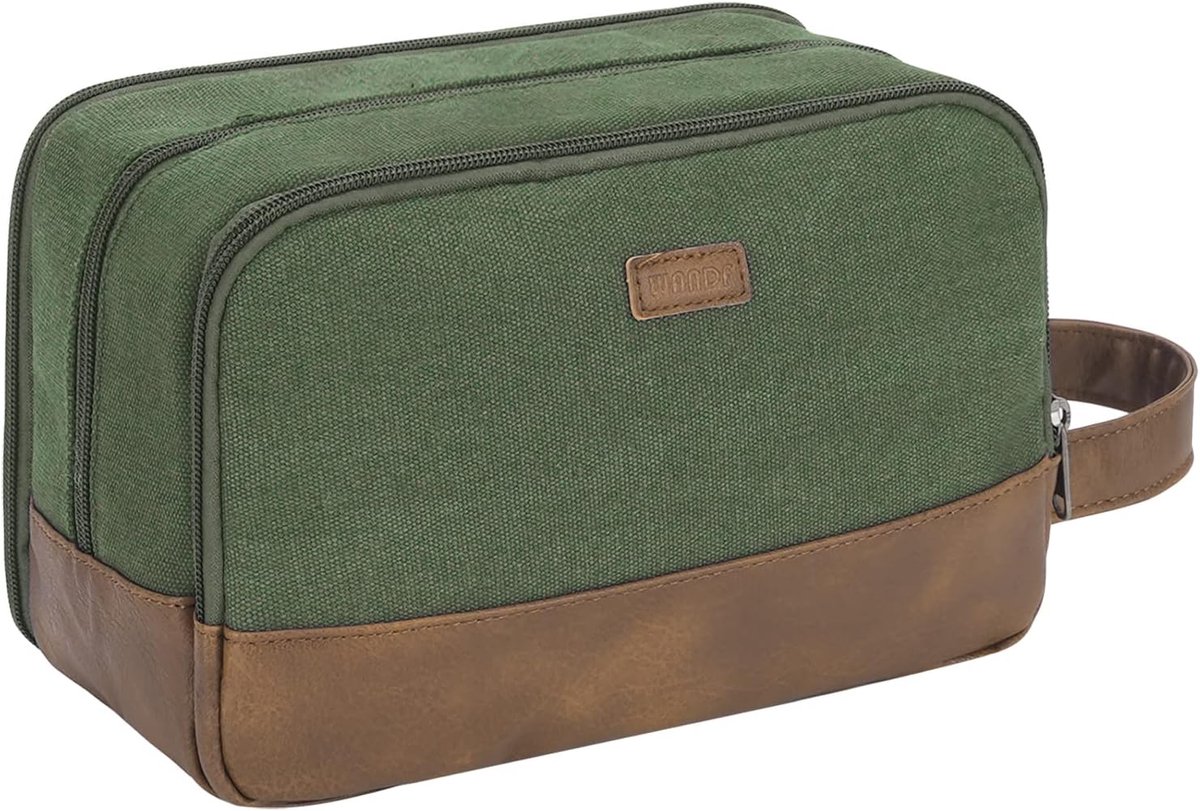 SnelShoppen - Toilettas voor Mannen - Reis Toiletry Bag - Waterdichte Vegan Leren Dopp Kit - Scheerbenodigdheden en Toiletten - Groot Formaat Groen