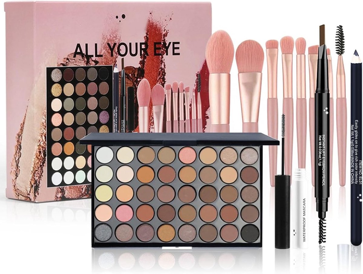 40 Kleuren Oogschaduw Palette Set - Complete Make-up Set met Mascara, Eyeliner en Oogborstels voor Dagelijkse en Feestelijke Looks, Geschikt voor Beginners en Professionals
