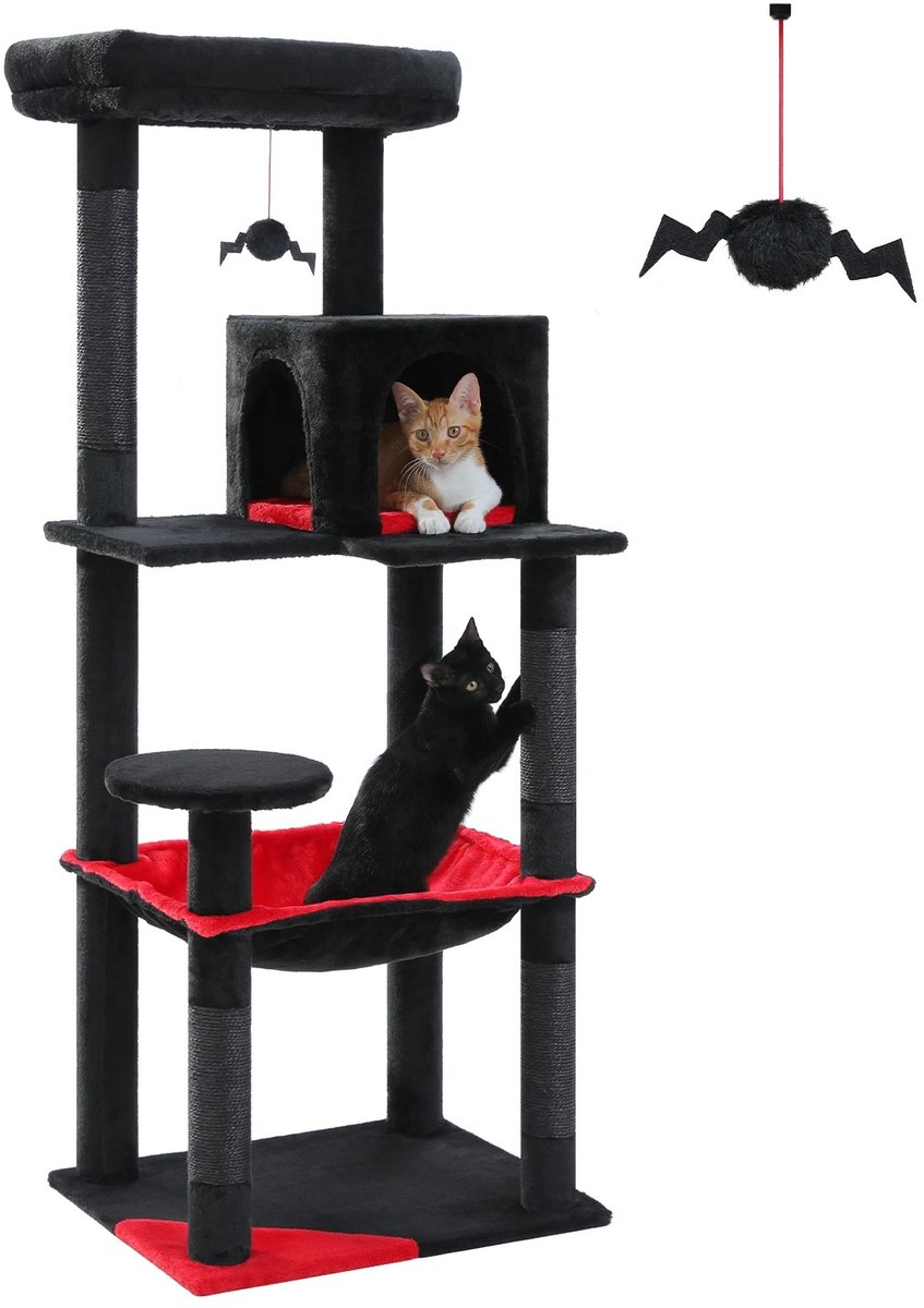 QUESTYR - Krabpaal - 116 CM - Grote Kattenboom Met Hangmat & Gezellige Condo - Zwart - Rood - Bovenplateau - Dikke Sisalpalen