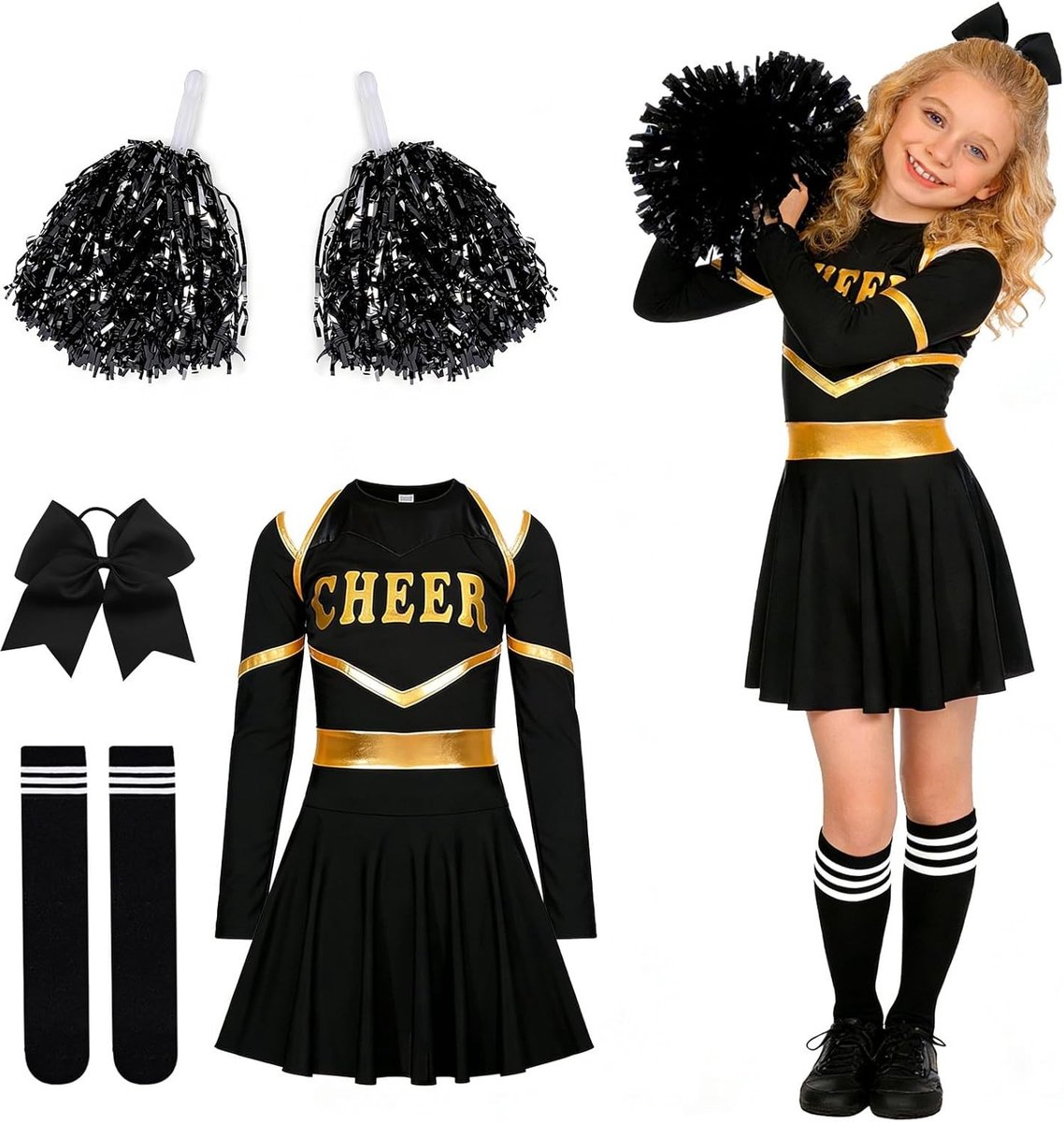 Leuke Cheerleader Outfit voor Meisjes met Pompoms en Hoofdband voor Carnaval en Halloween Feestjes