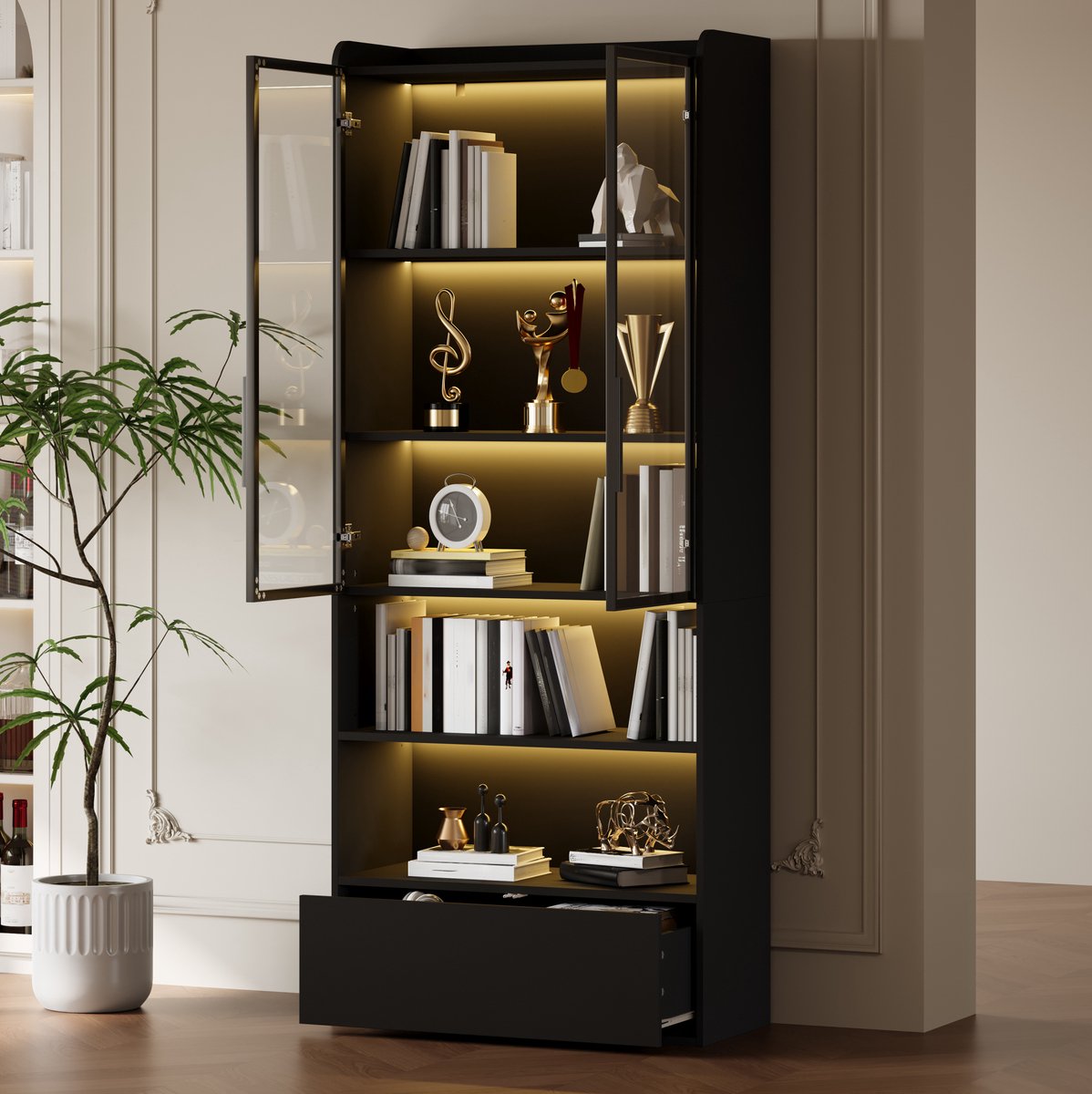 FloraGrace Boekenkast - Vitrinekast Met LED Verlichting En 1 Lade - Hoogkast Voor Woonkamer En Display - MDF En Glas - 80x34x180 Cm - Zwart