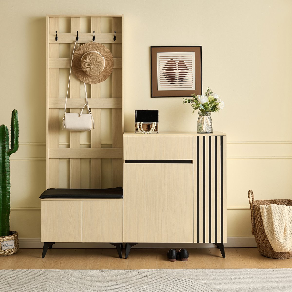 MIVRAY Schoenenkast - Garderobe Met Zitbank En Lade - Moderne Opbergoplossing Voor Hal En Slaapkamer - MDF Houtlook - 60 x 179,5 cm