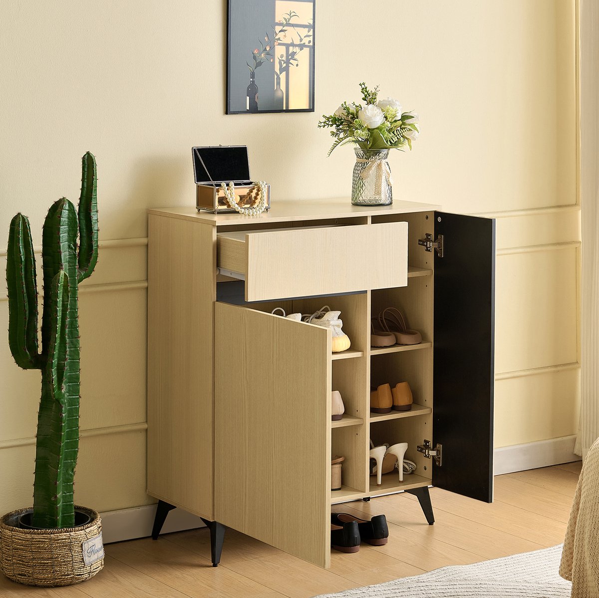 MIVRAY Schoenenkast - Met 2 Deuren En 1 Lade Voor Flexibele Opbergruimte - Voor Hal Woonkamer Of Slaapkamer - MDF - 75x35x90 Cm - Licht Hout