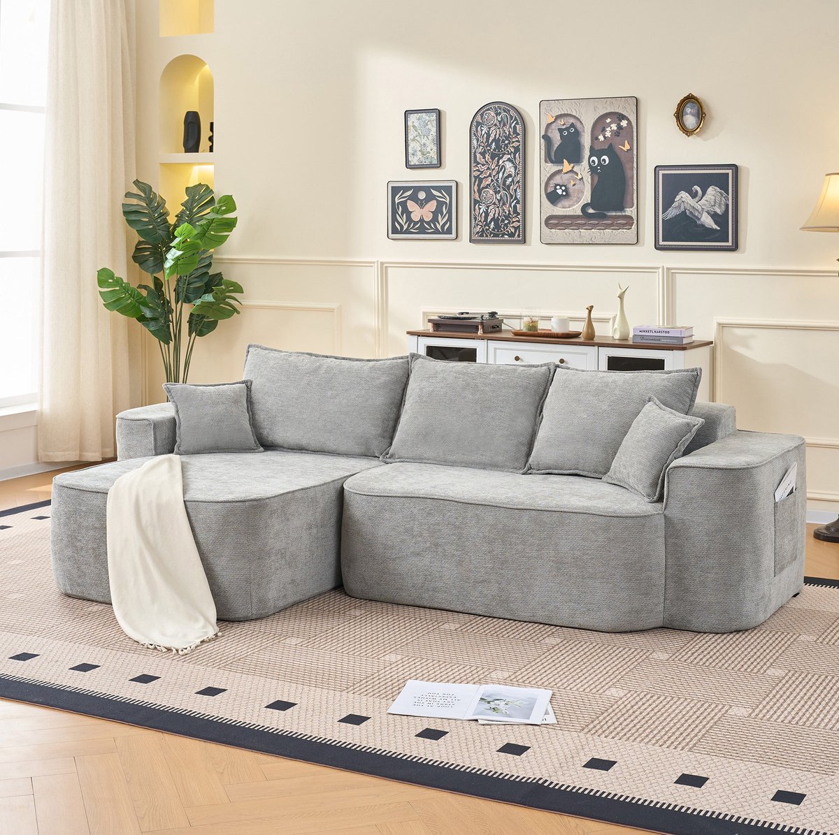 FloraGrace Hoekbank 262 Cm - Modulair Met Chaiselongue En Zonder Montage - Diepe Zitting En Chenille - Woonkamer Of Kantoor - Grijs