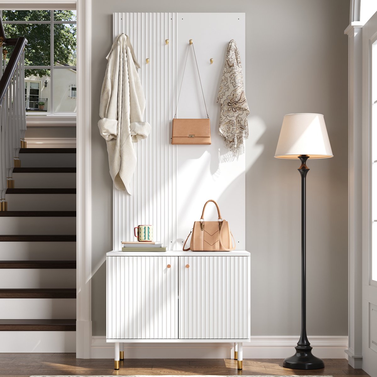 MIVRAY Schoenenkast - Garderobekast Met 6 Haken En Verstelbare Plank - Voor Hal En Entree - MDF En Spaanplaat - 70x35x180 Cm - Wit