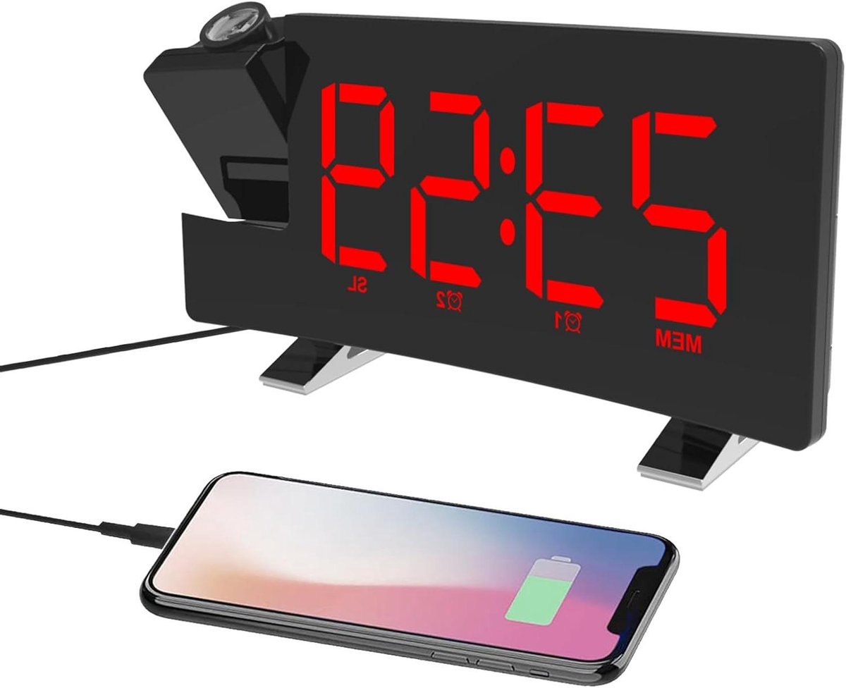 Projectie Wekker - Digitale Klok - Tijd Weergeven - Met USB Oplader - 5.5 Inch Scherm - Rood