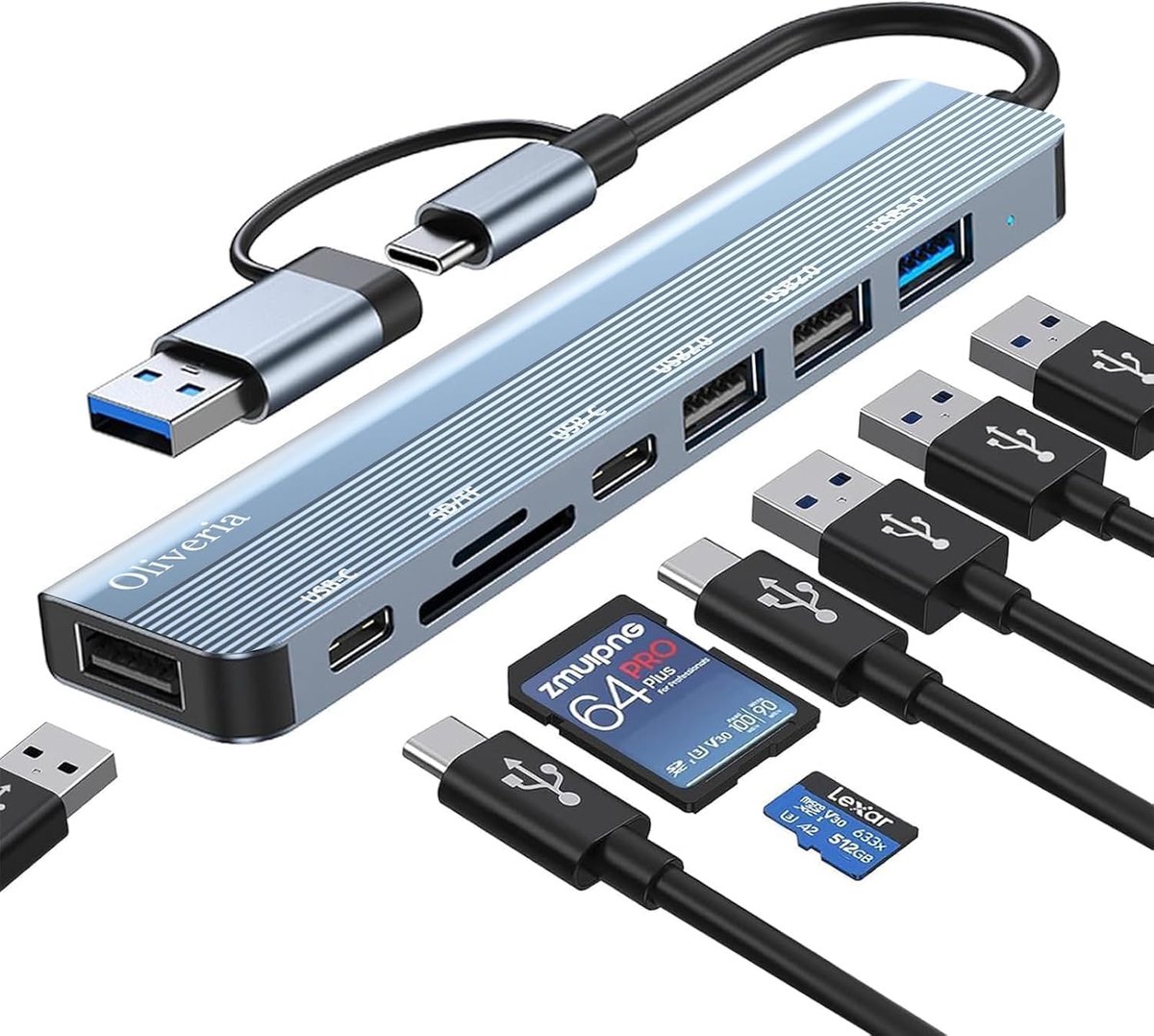 Thijox - USB C Hub 8 in 2, Multiport Adapter voor MacBook Air/Pro, Galaxy, iPad - USB 3.0 & 2.0, SD & TF Kaartlezer, Type C Poort, Robuuste TPE Kabel,