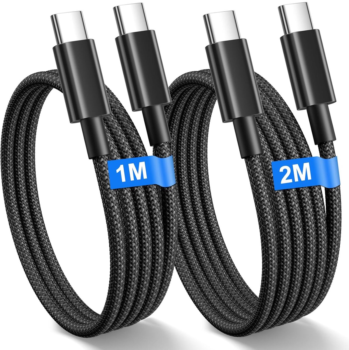 SnelShoppen - USB-C naar USB-C Oplaadkabel 2-Pack [1M + 2M] - 60W Snellader voor iPhone 15 16 17 Pro Max, iPad, MacBook - Nylon Gevlochten Zwart - Ide