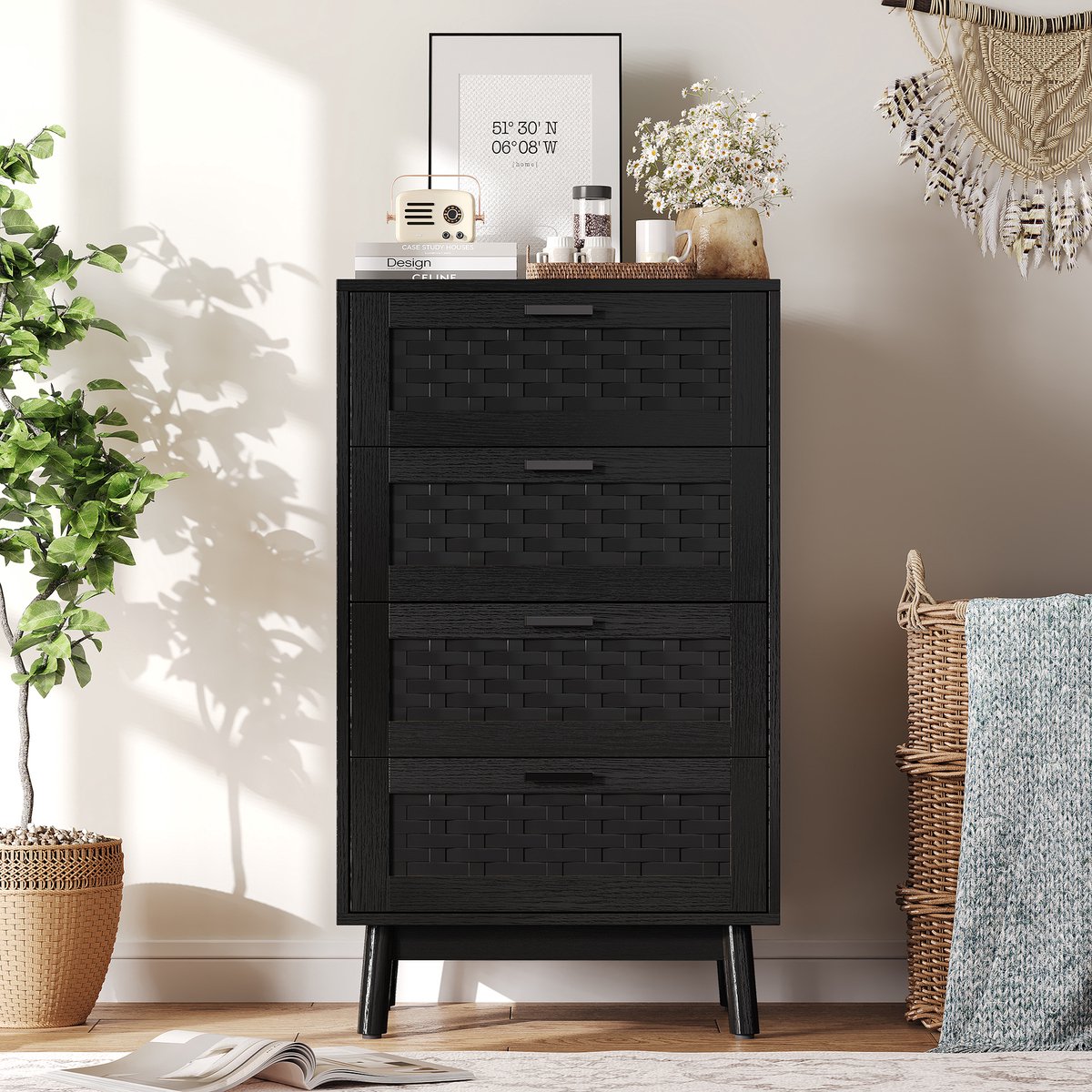 Ladekast 4 lades 55x40x95 cm, commode, opbergkast, dressoir, woonkamerkast, rotan look, MDF, zwart