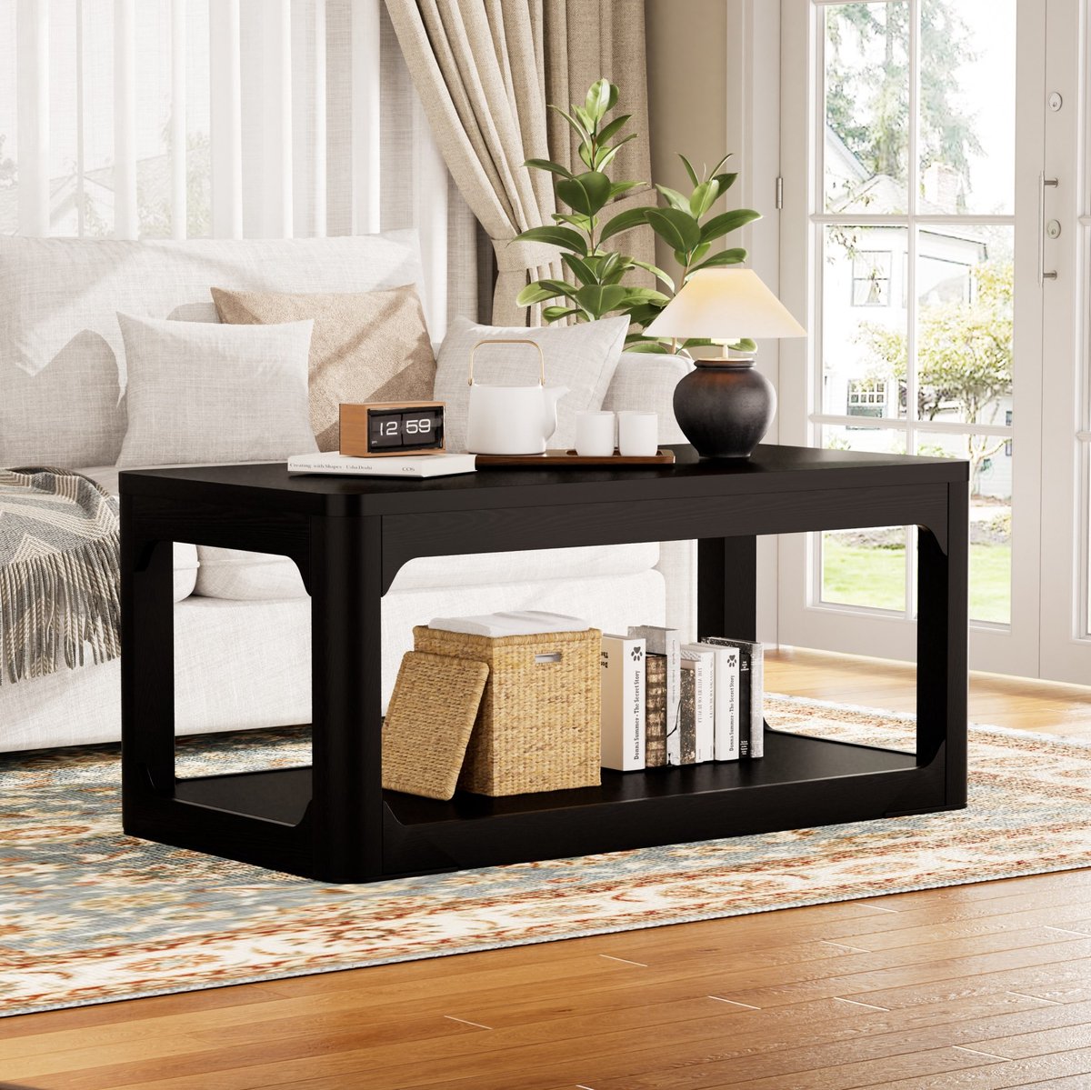 MIVRAY Salontafel - Rechthoekig Met Twee Opbergplanken - Modern Voor Woonkamer En Slaapkamer - MDF - 100x50x44,5 Cm - Zwart