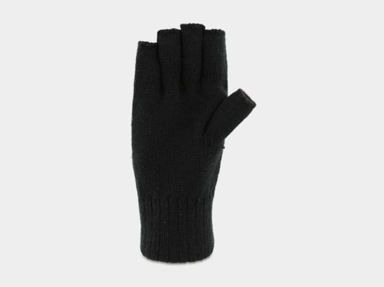 Een zwarte gebreide vingerloze handschoen, met open vingers.