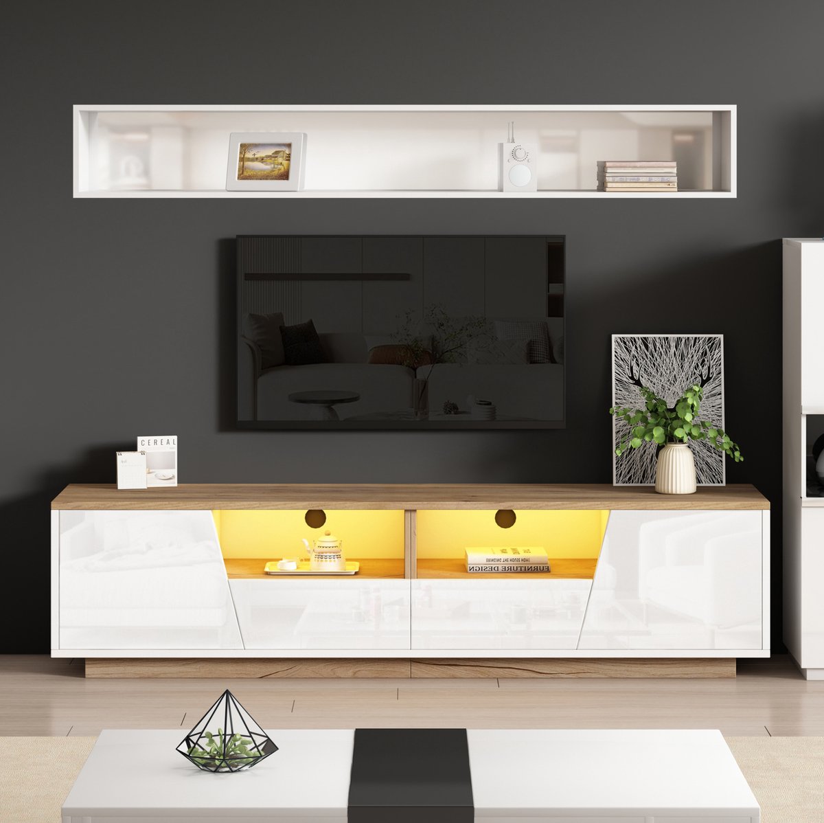 HAUSS SPOLE Dressoir - Televisiekast Met Ledverlichting En Hoogglans Front - 2 Laden En 2 Kasten Voor Woonkamer - Spaanplaat - 180x40x46 Cm - Wit En Houtkleur