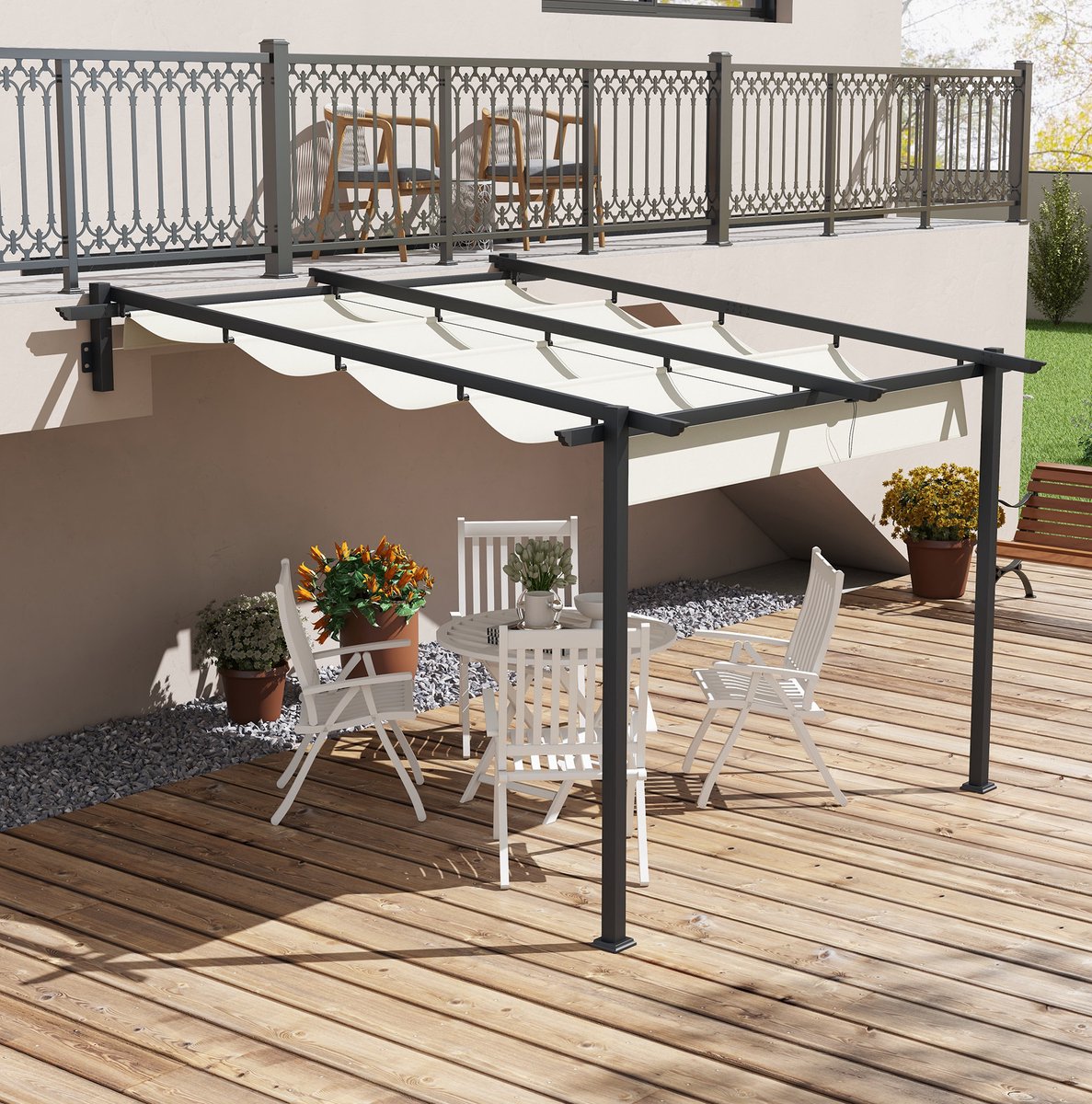 MEUNIQ Pergola 297 x 297 x 200/230 cm met verstelbaar stoffen dak, wandmontage, aluminium frame en waterafvoeropeningen voor terras of tuin, crèmewit
