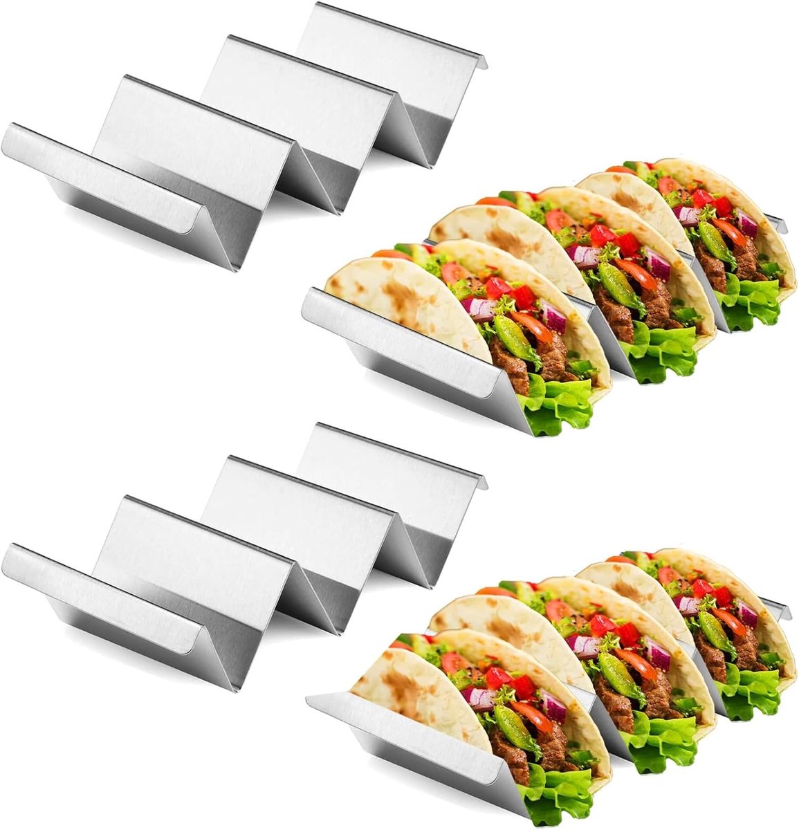 Taco houders set van 4, roestvrijstalen tortilla houders, vaatwasserbestendig en ovenbestendig, ideaal voor tacos, sandwiches en hotdogs