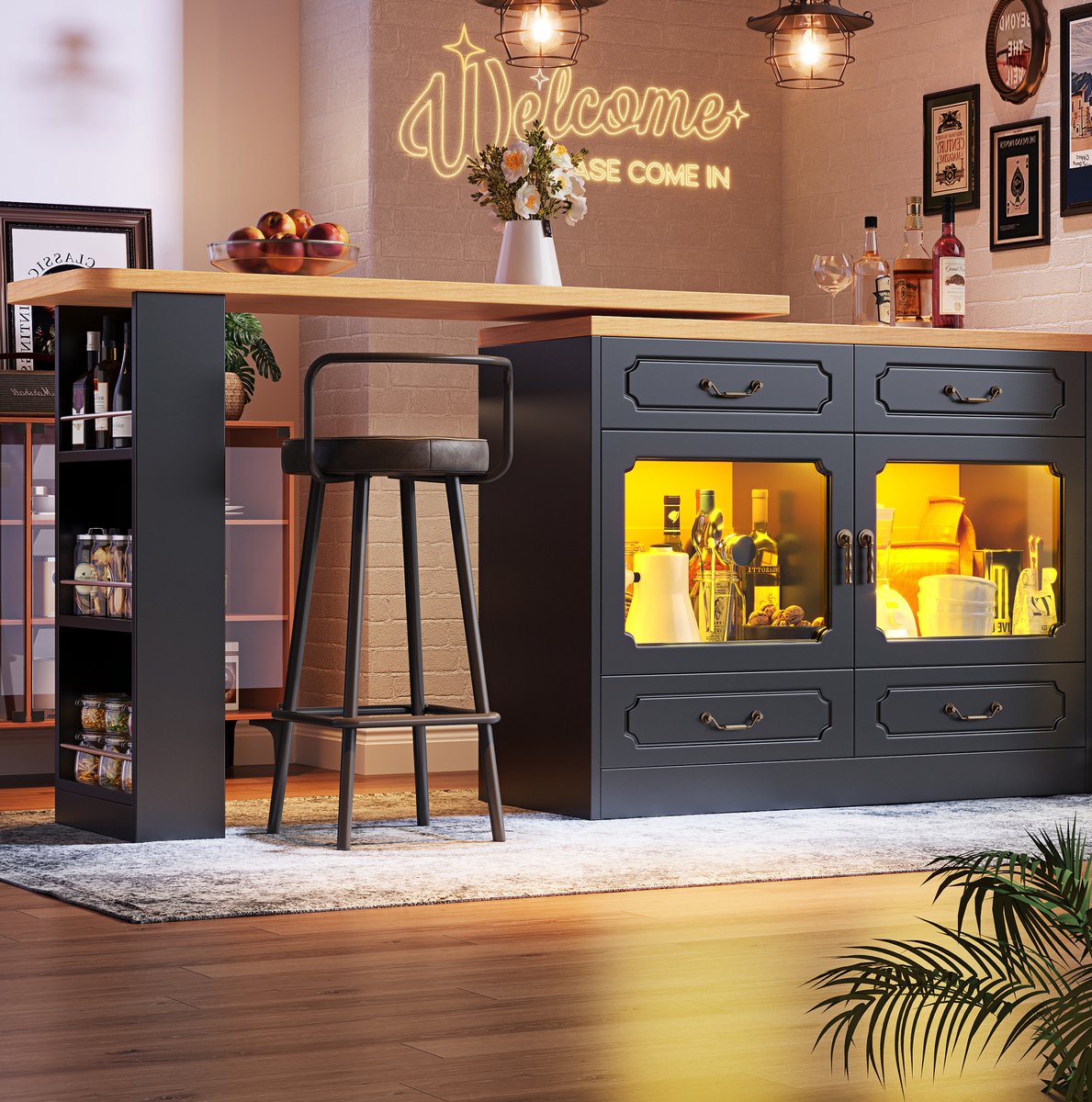DESMIU Bartafel - Uitschuifbaar En Draaibaar Met Led En Opbergruimte - Voor Woonkamer Eetkamer En Slaapkamer - MDF - 135-203x39x92,8 Cm - Zwart Naturel