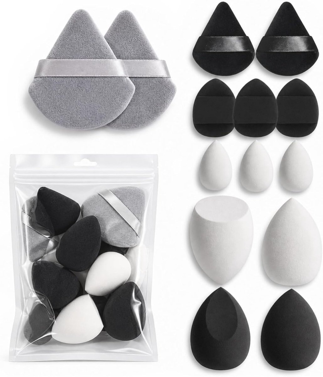 Thijox - Make-up sponzen set 14 stuks zwart – Beauty Blender & poederkwast voor foundation, concealer, poeder, vlekkeloos streepvrij gebruik, professi