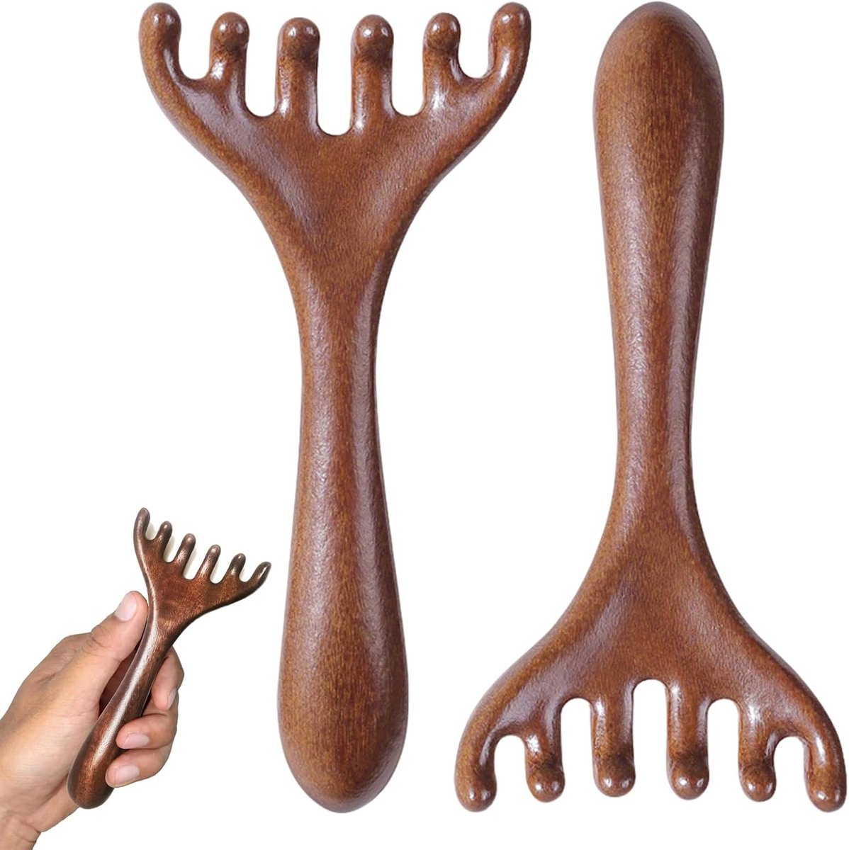 Thijox - 2 stuks Sandelhout Massagekam - Houten Meridian Kam met 6 Klauwen - Multifunctionele Scalp Massager voor Vermoeidheid, Stress en Haargroei