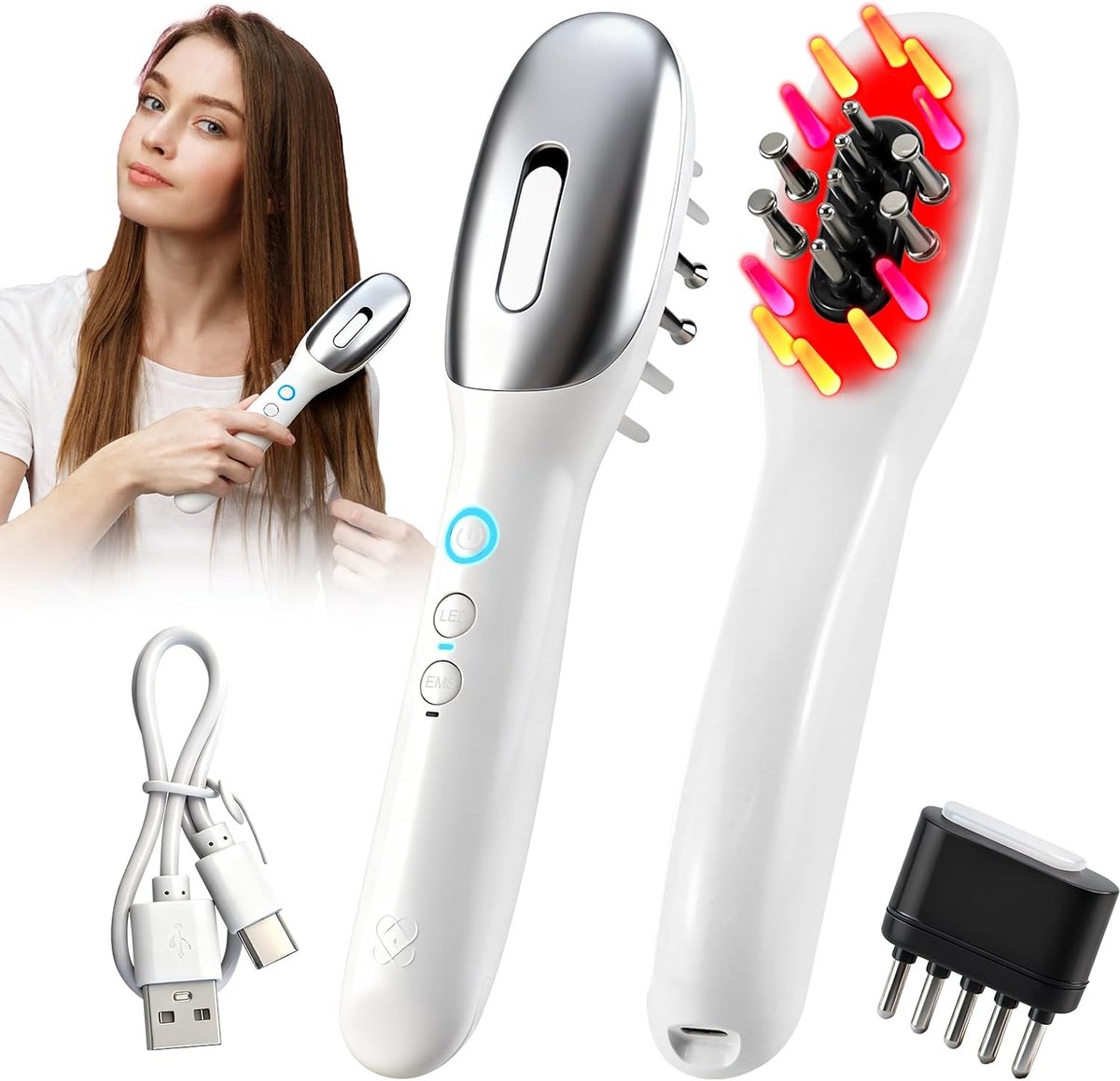Thijox - Elektrische Hoofdhuid Massage Borstel met Rood en Blauw Licht, Draagbare Hoofd Massage Borstel voor Stress Verlichting en Haargroei met EMS M