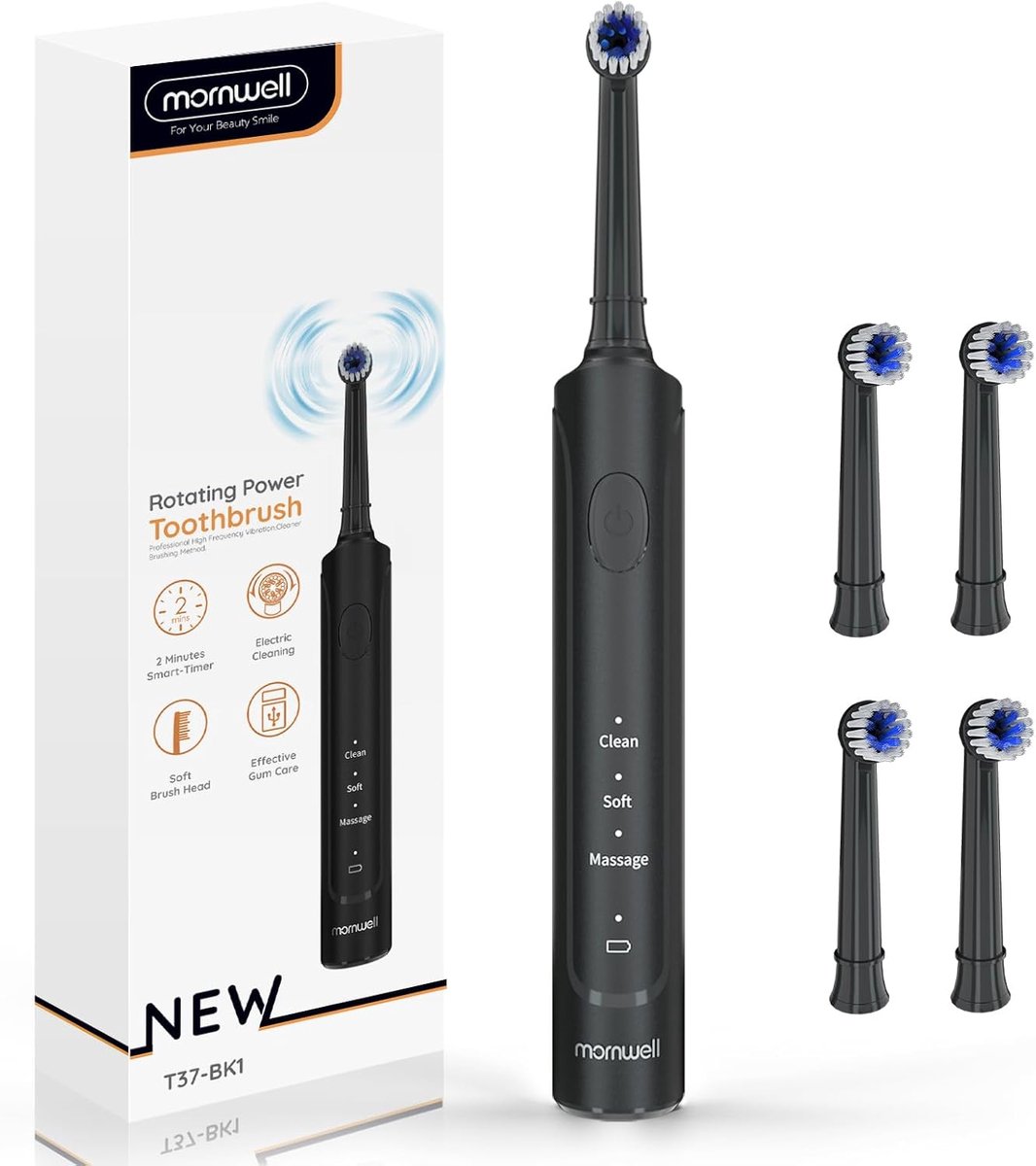 Thijox - Elektrische tandenborstel met USB Oplaadfunctie, 3 Reinigingsmodi, Roterende Technologie, 4 Ronde Opzetborstels voor Volwassenen en Kinderen