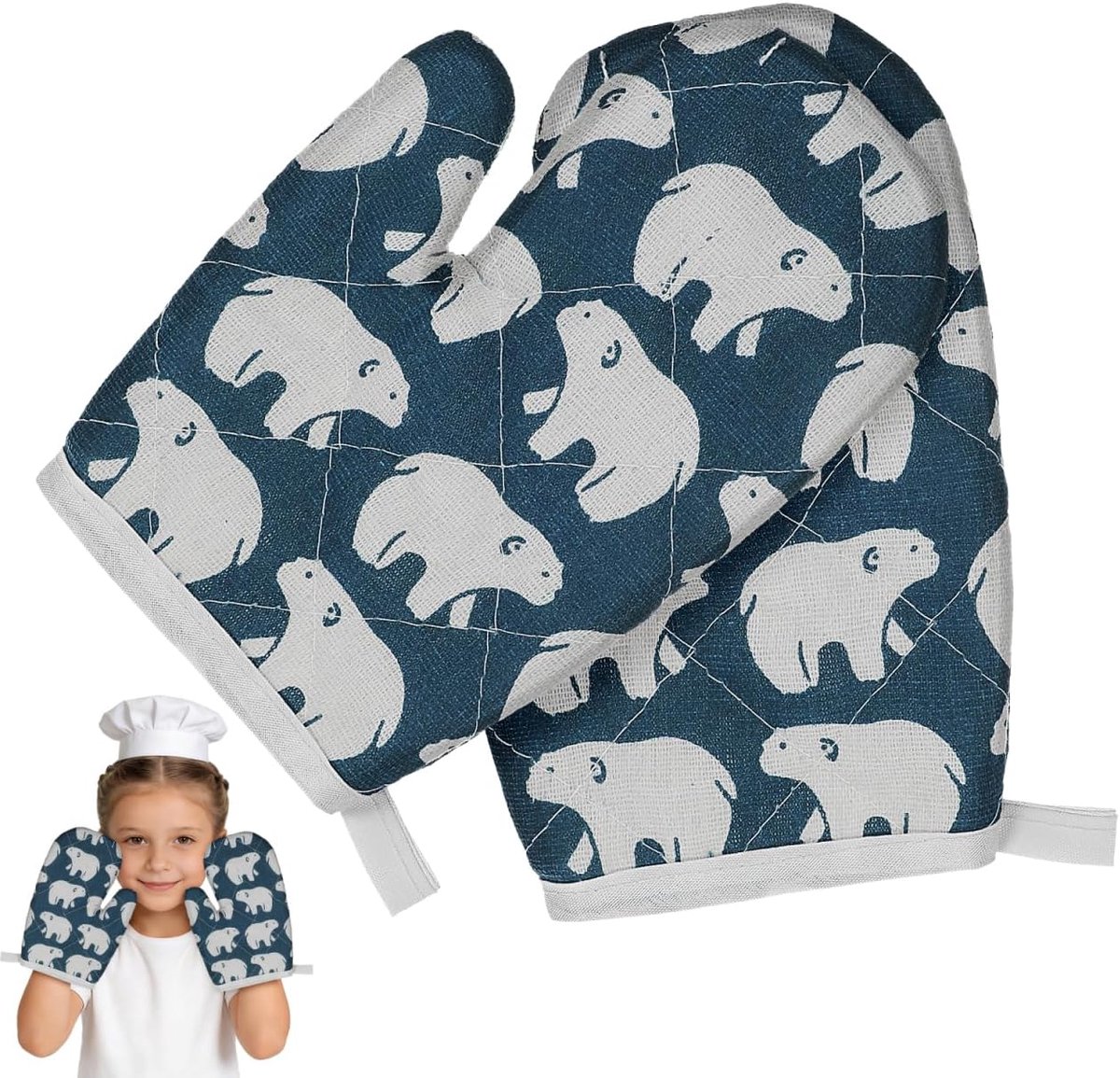 Thijox - Ovenwanten Voor Kinderen - Keukenhandschoenen Met Schattig Berenpatroon - Blauw En Wit - Ideaal Voor Koken En Bakken - Canvas En Katoen - 1 P