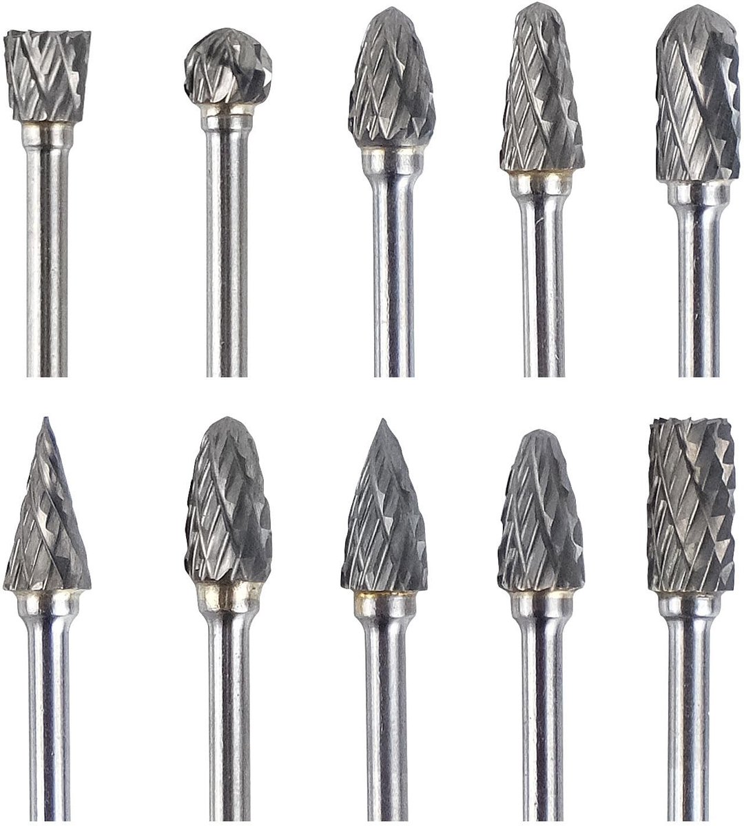 Dailygoods- Freesset 10 Stuks - Wolfraamcarbide - Roterende Frees - Voor Graveren/Slijpen - Multifunctioneel Gereedschap - Diverse Vormen - Roterende Frezen