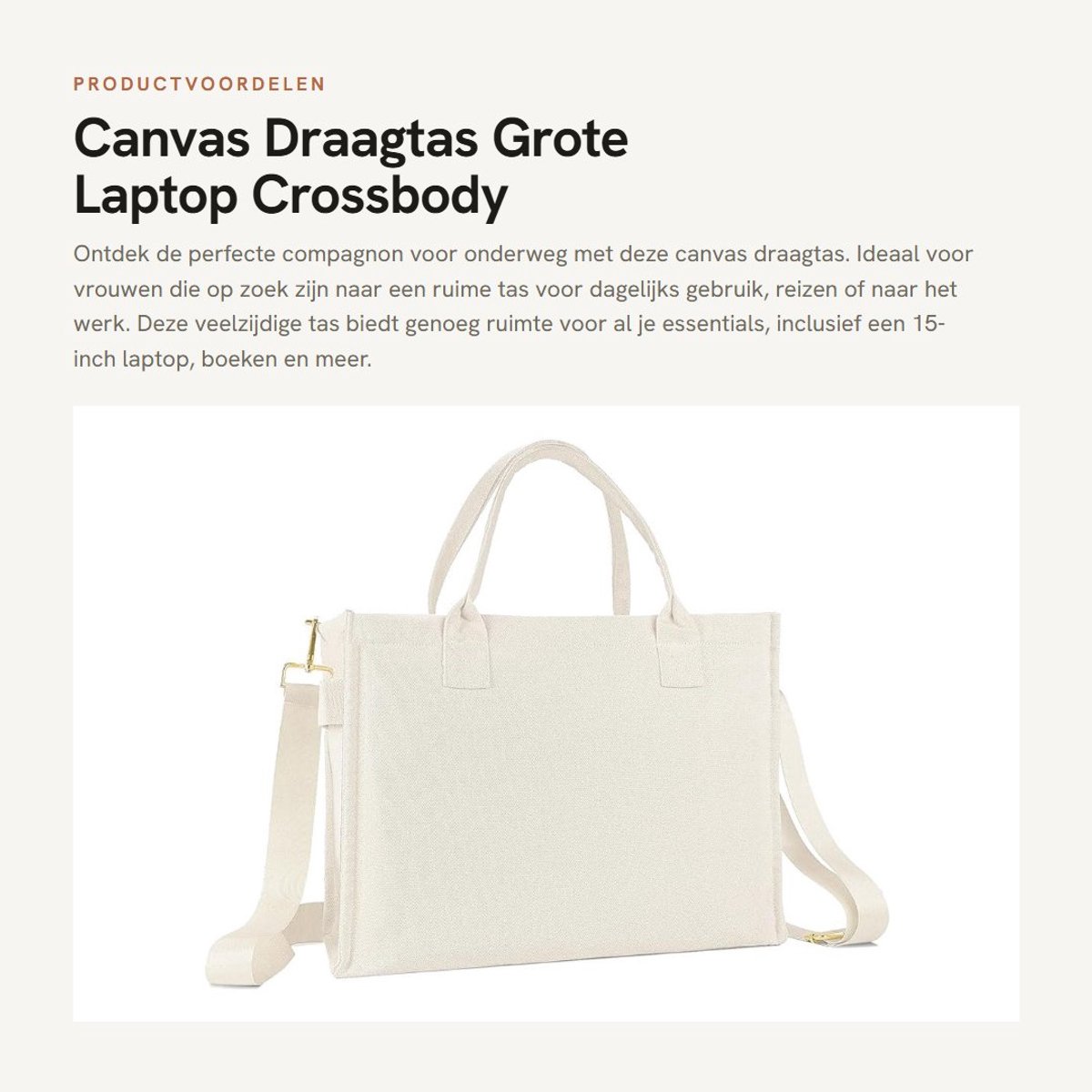 Dailygoods- Draagtas grote capaciteit - Canvas tas - Laptop tas 15 inch - Crossbody tas - Handtas met rits - Eenvoudige tas 17 liter - Laptoptas
