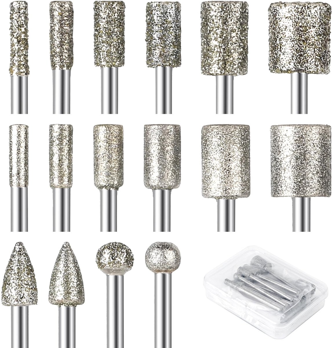 Dailygoods- Diamantfrezen 16 Stuks - Diamant Slijpbitset - 3mm/4mm/5mm/6mm/7mm/8mm/10mm Schacht - 60/150 Korrel - Voor Graveren/Slijpen/Polijsten - Geschikt voor Steen/Glas/Keramiek