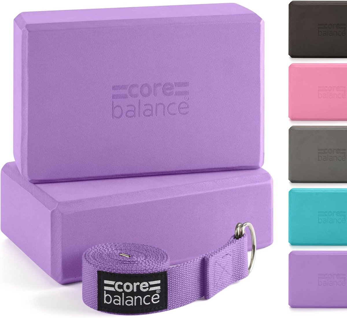 SnelShoppen - Core Balance Yoga Blokken Set Van 2 Hoge Dichtheid EVA Foam Met Verstelbare Metalen D Ring Katoen Band Voor Yogales, Fitness, Thuisgebru