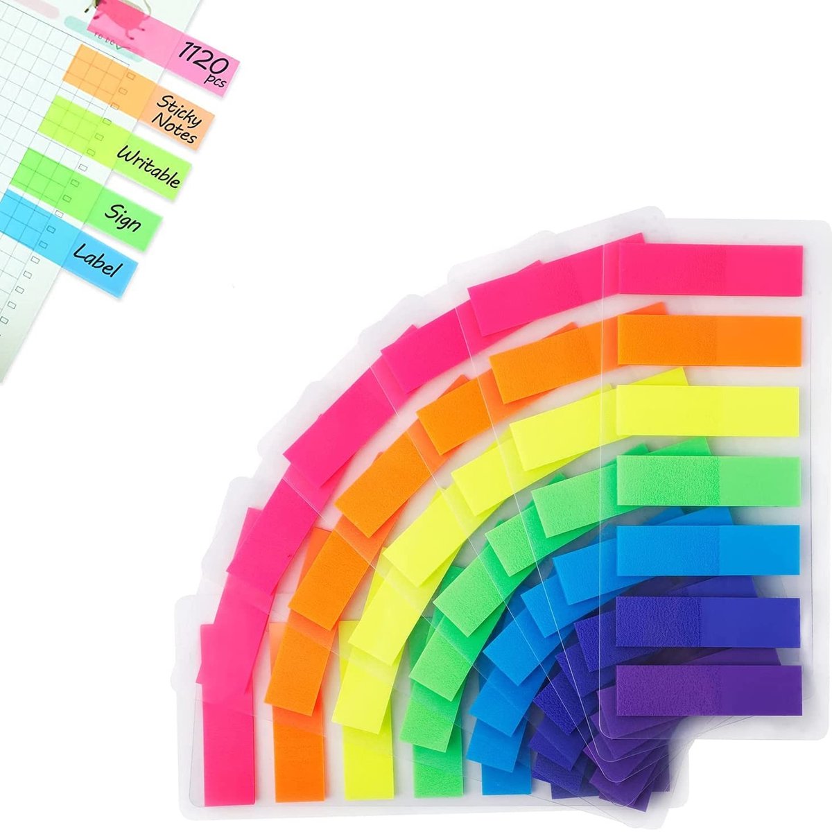 Dailygoods- Plakbriefjes 980 stuks - Zelfklevende Notities - Mini Plakstrips - Index Tabs - Rechthoekige Markeringen - Opbergtas - 7 Kleuren