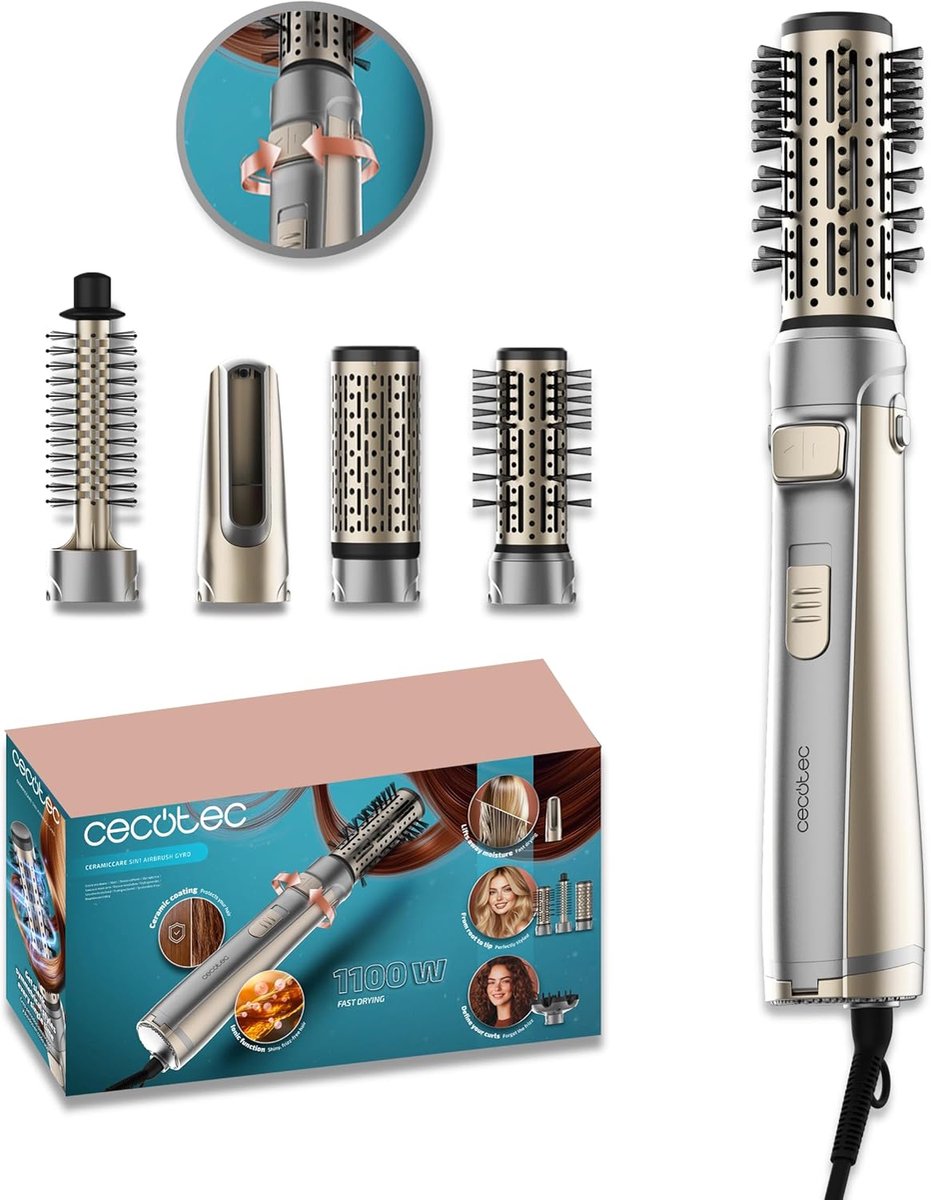 Thijox - Roterende Warme Luchtborstel 5in1 AirBrush Gyro Elite 1100W met Ionenfunctie, Keramische Coating, 5 Opzetstukken, Bidirectionele Rotatie, 3 T