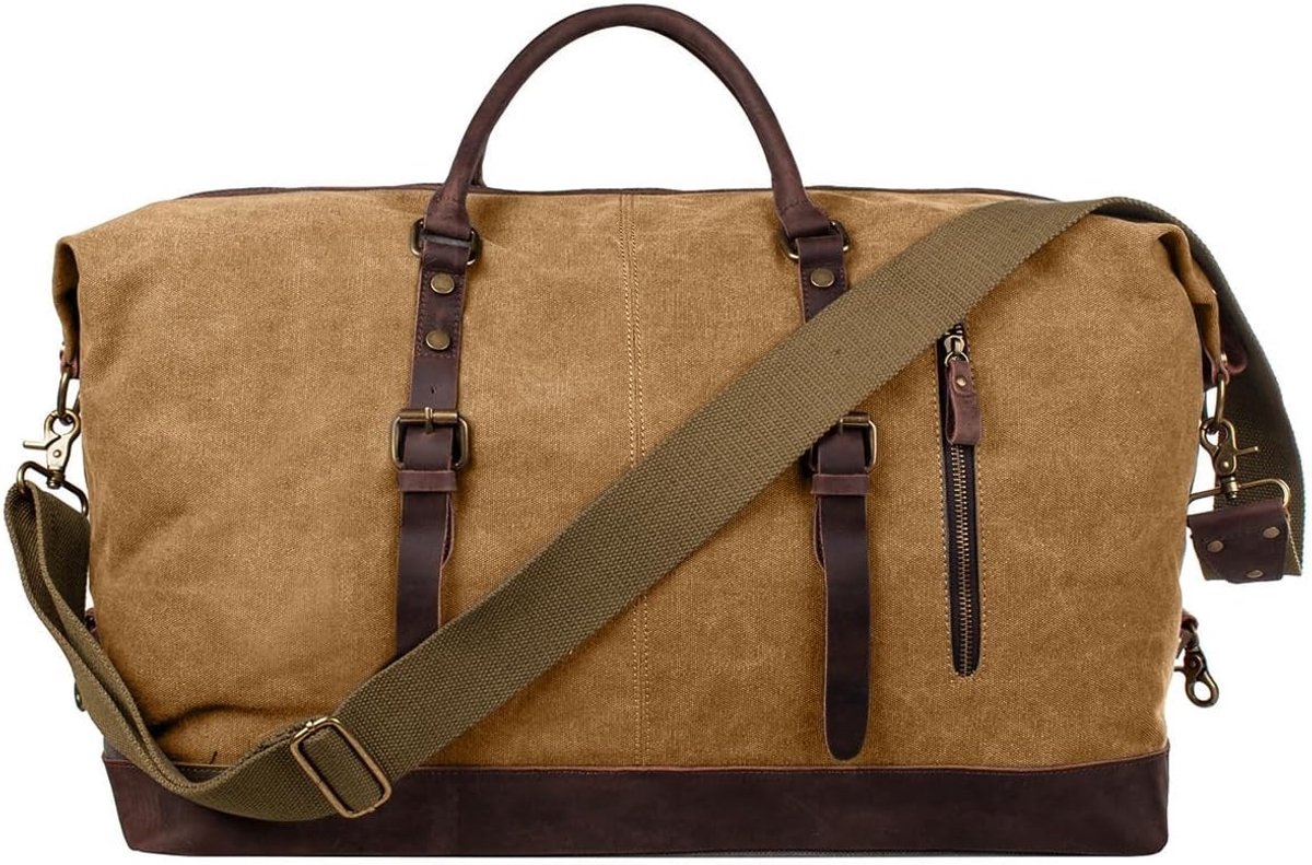 Thijox - Vintage Canvas Reistas 52-55L Unisex Weekendtas met Crazy Horse Leer Trim - Ruime Sporttas voor Reizen, Vakantie en Weekenden
