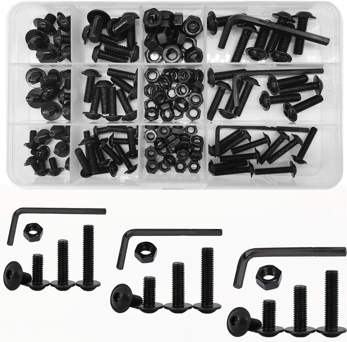 Dailygoods- Moeren en Boutenset 147 Stuks - Roestvrij Staal - Zwart - M4/M5/M6 - Hex Socket - Inclusief Opslagdoos - Schroeven