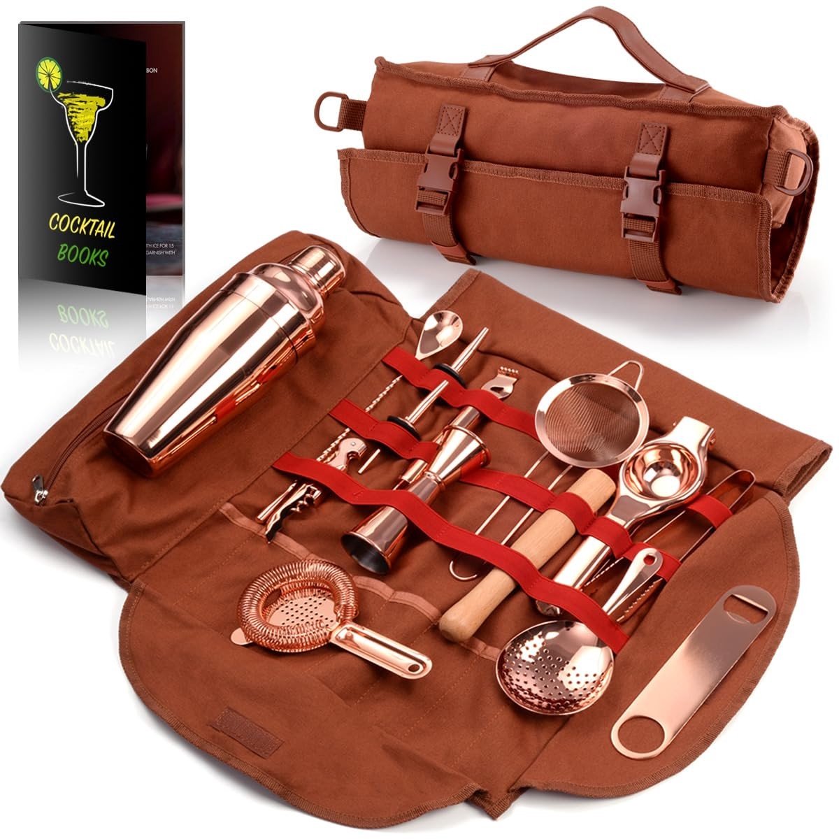 Dailygoods- Bartas 17-delige set - Koperen baraccessoires - Draagbare tas - Schouderriem - Cocktailset - Perfect cadeau voor cocktail liefhebbers