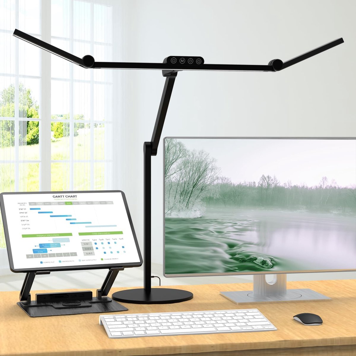 Thijox - 24W LED bureaulamp met metalen basis, 1500 lm, dimbare architectenlamp met 3 lampkoppen, flexibele arm en touch-bediening voor pc-scherm, 72