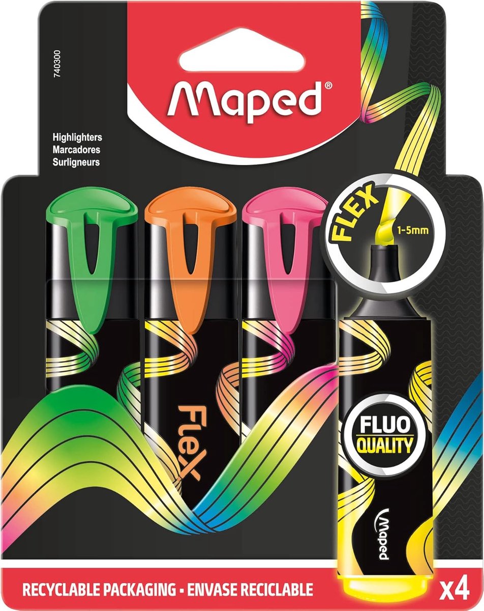 SnelShoppen - 4 Fluo Peps Flex Markeer Stiften - Flexibele Zachte Punt - Schrijfcomfort - 1-5 mm Lijnen - Heldere Kleuren Geel, Groen, Roze, Oranje -