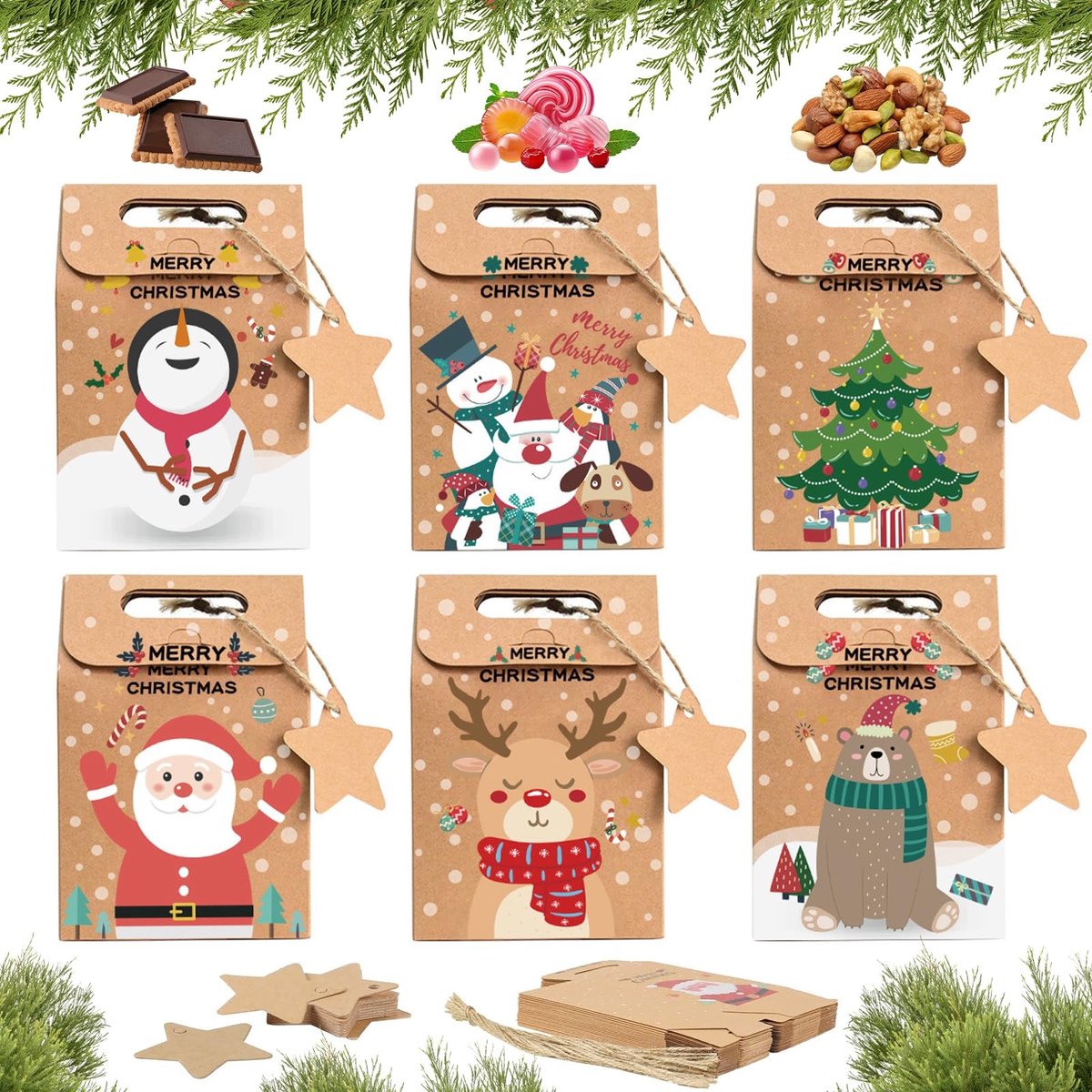 Dailygoods - 24 stuks cadeauzakjes voor Kerstmis, kleine kerstzakjes, krachtige adventskalenderzakjes met steretikettenpapier en jute touw voor koekjes, snoep (24)