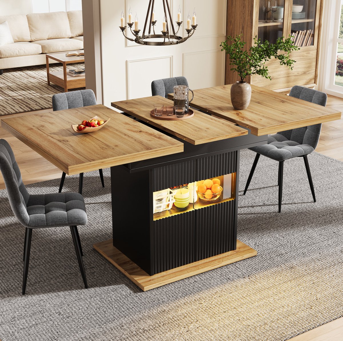 STILVORA Eettafel - Uitschuifbaar Met Opbergruimte En Ledverlichting - Voor Keuken En Eethoek - MDF En Metaal - 110-140x80x76 Cm - Zwart
