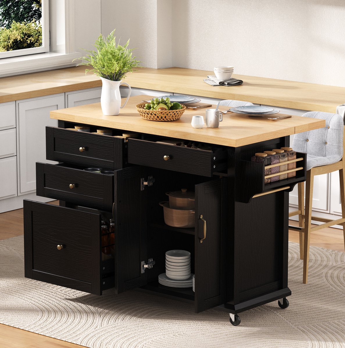 DESMIU Keukenkast - Uitschuifbaar Werkblad En Wielen - Met Multifunctionele Lades Voor Keuken En Eethouk - MDF - 107x45-70x90,5 Cm - Zwart Naturel