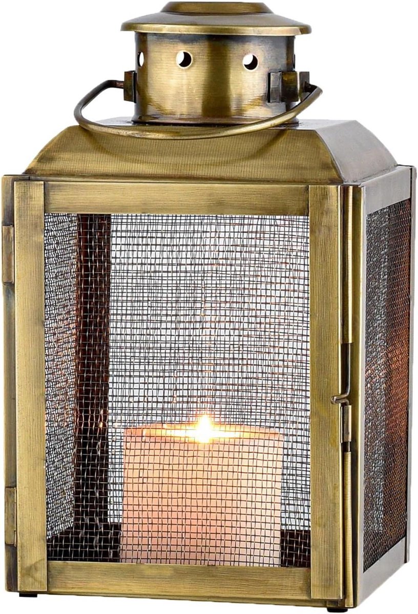 Decoratieve windlicht lantaarn - Theelichthouder kandelaar - Sfeervolle verlichting creëren - Rustieke Scandinavische design - 26 cm hoog - Antiek goud