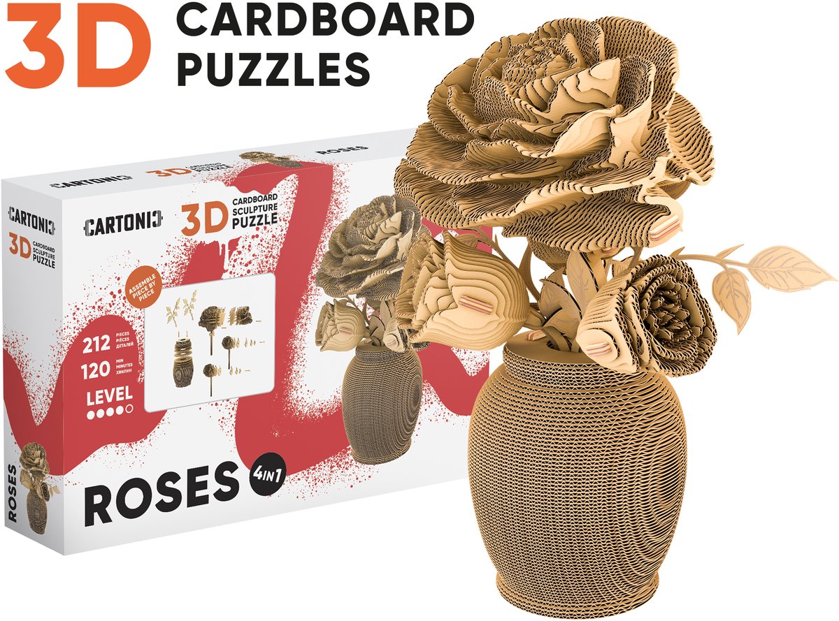 CARTONIC 4IN1 -ROSES- 3D Puzzel-Speelgoed- Puzzel-DIY- Creatief- Karton- Kinderen en volwassen- 3D- puzzel